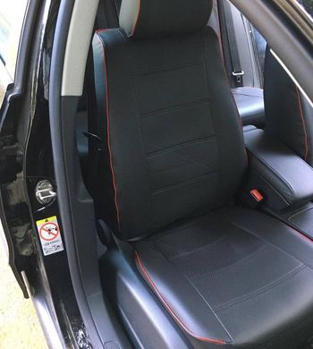 Чехлы на сиденье из искусственной кожи для Volkswagen Tiguan I черные с красной окантовкой (12-16 г.в.) тюнинг фото