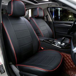 Чехлы на сиденье из искусственной кожи для Volkswagen Jetta 5 седан черные с красной окантовкой тюнинг фото
